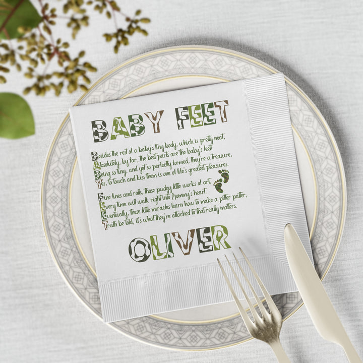 “Baby Feet" White Coined Napkins - Camo - Personalized