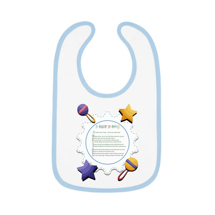 Baby Steps Acrostic Poem - Contrast Trim Jersey Bib - "A Baby is Born" - Rattles and Stars