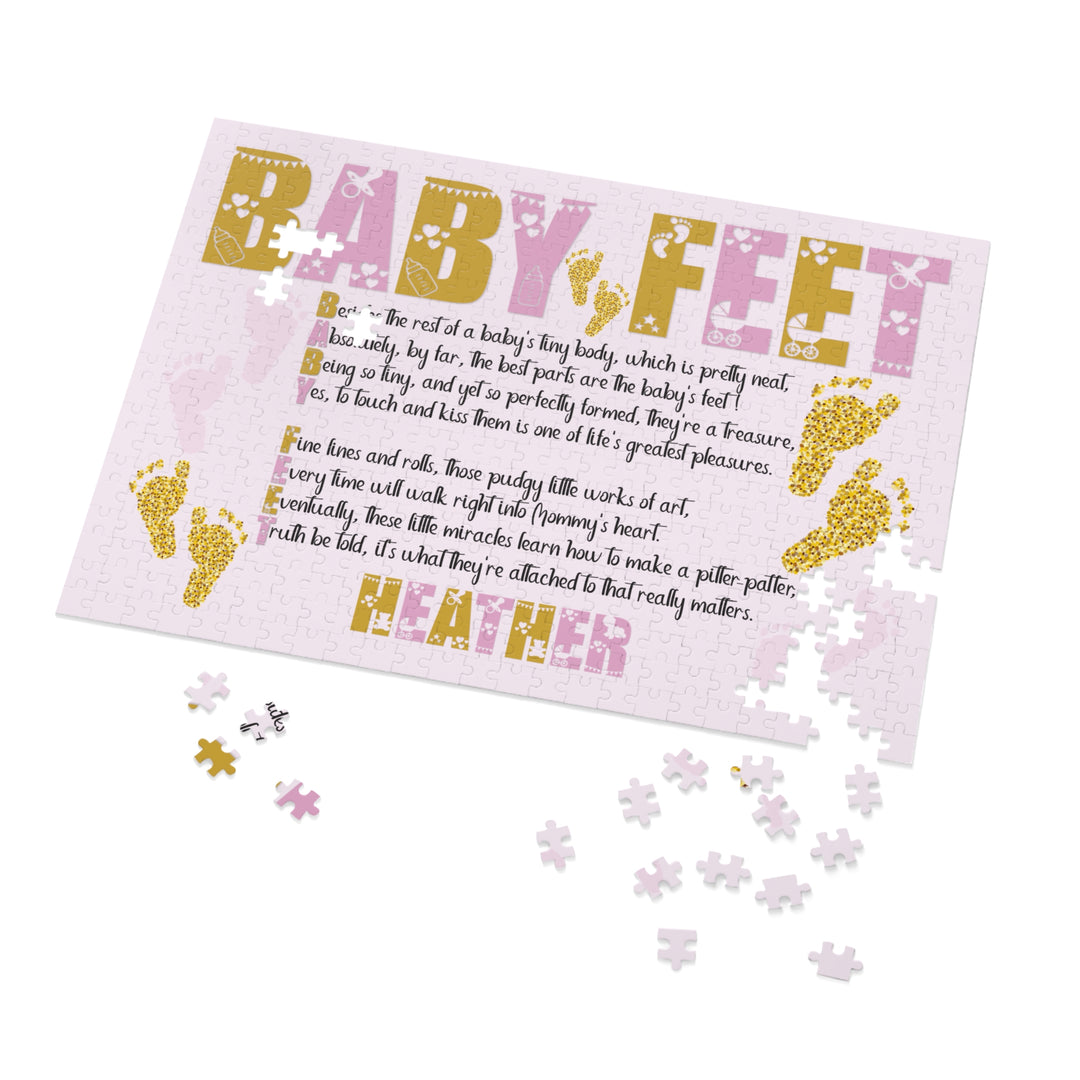 Baby Feet Acrostic Poem Puzzle - Pink and Gold - Tin Box - Personalized