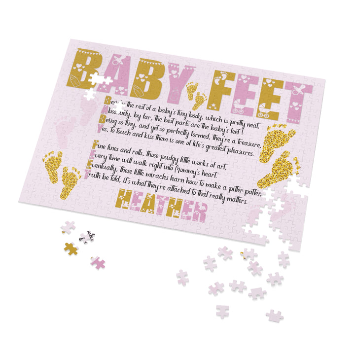 Baby Feet Acrostic Poem Puzzle - Pink and Gold - Tin Box - Personalized
