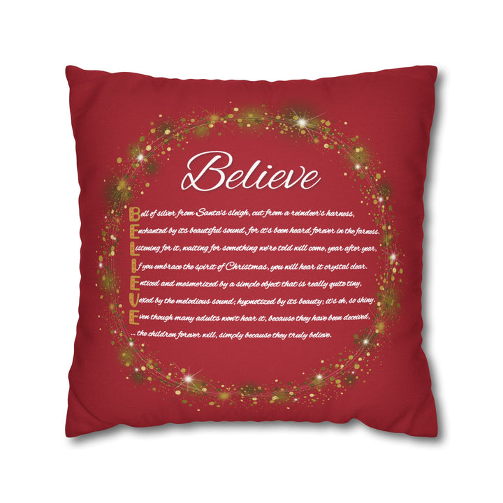 "Believe" Acrostic Poem Pillow Cover from "Learn, Lead, Believe" Collection Red