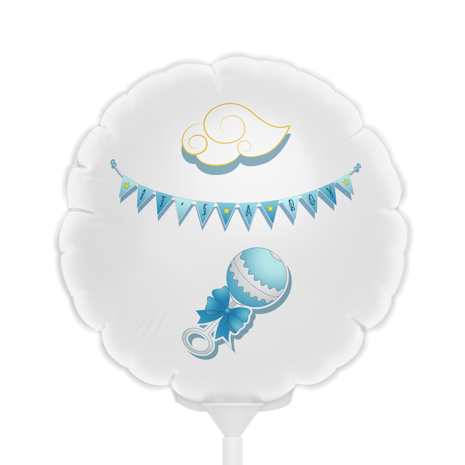 White balloon with blue baby shower design featuring a rattle and banner on a white background