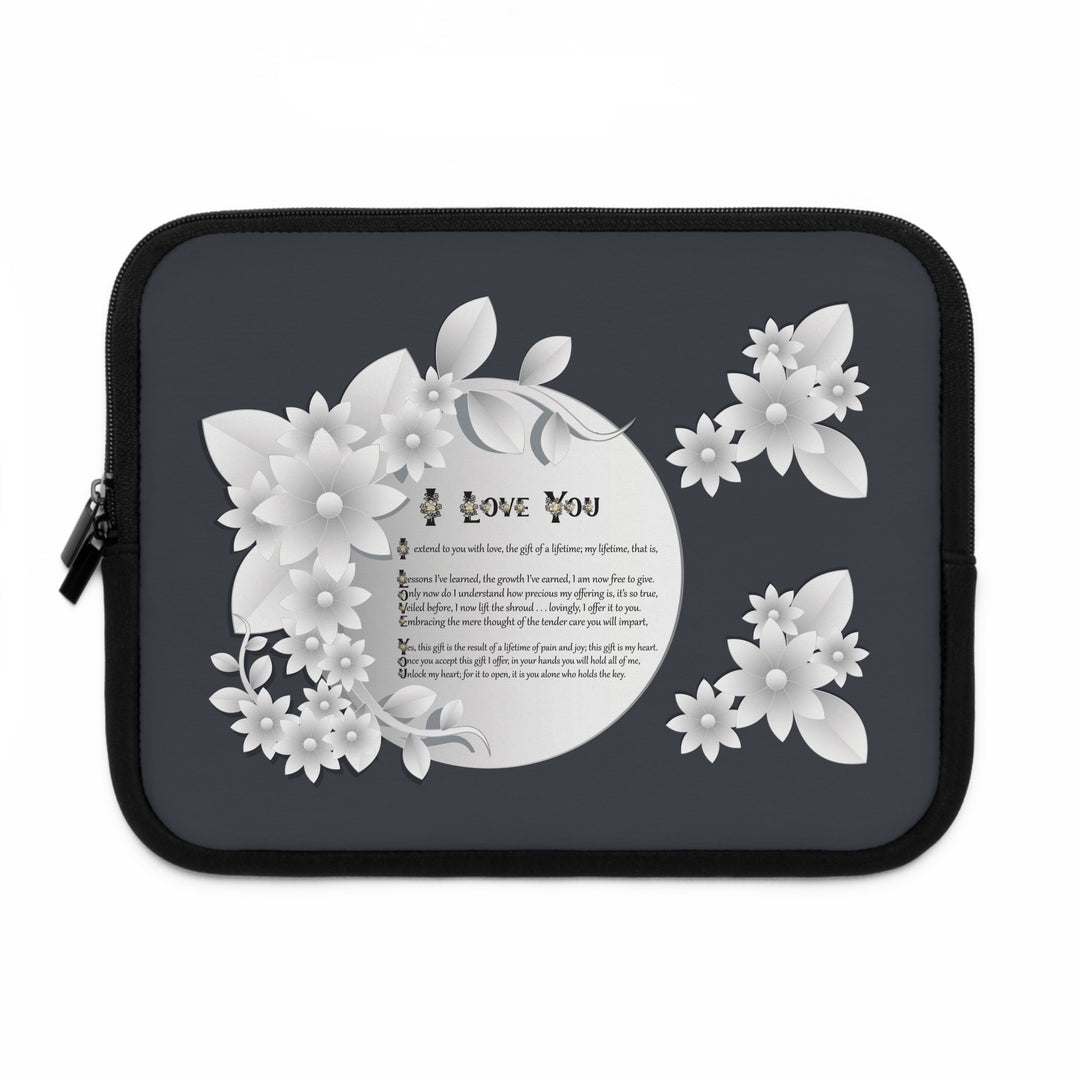 I Love You Neoprene Laptop Sleeve - Solid Black Back - White Flowers