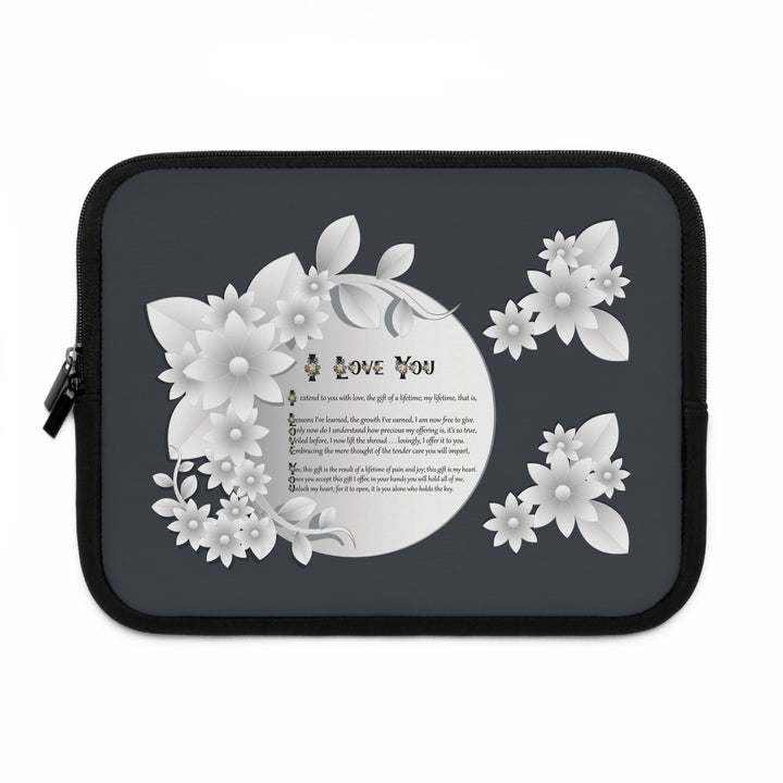 I Love You Neoprene Laptop Sleeve - Solid Black Back - White Flowers