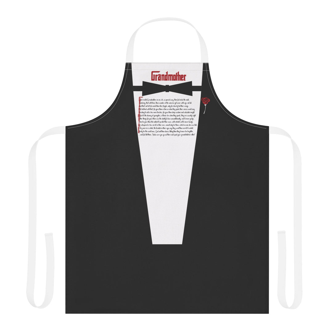Black apron with white shirt and bow tie design on a white background