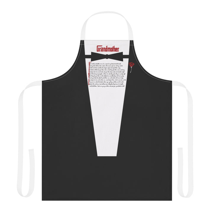 Black apron with white shirt and bow tie design on a white background