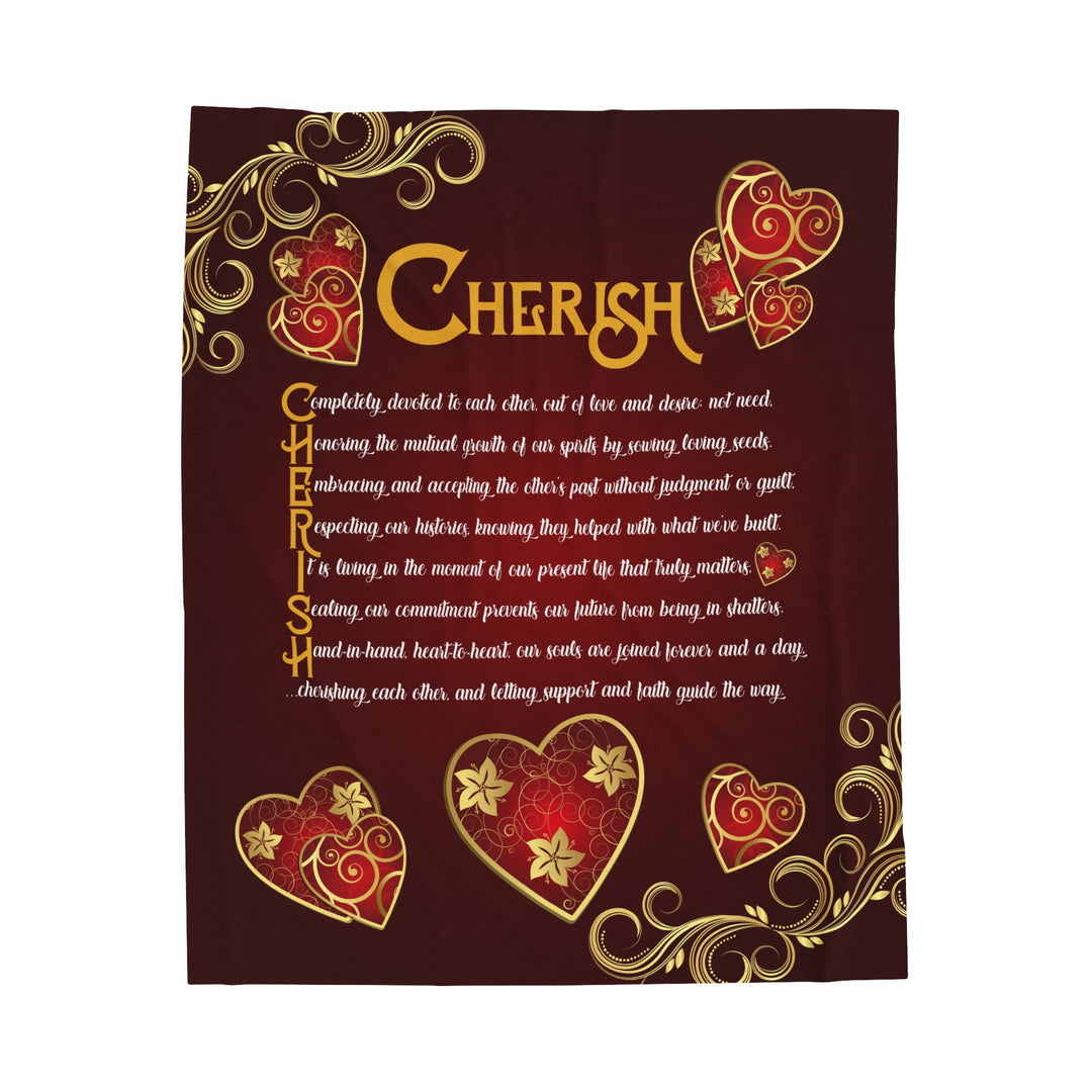 It's Just a Phrase Velveteen Plush Blanket with Acrostic Poem "Cherish" - Hearts and Gold Decor
