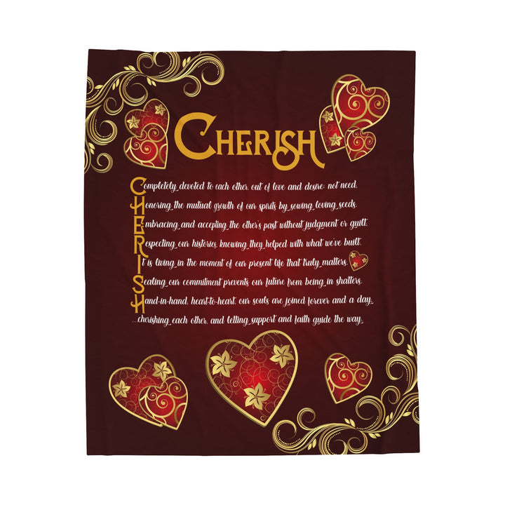 It's Just a Phrase Velveteen Plush Blanket with Acrostic Poem "Cherish" - Hearts and Gold Decor