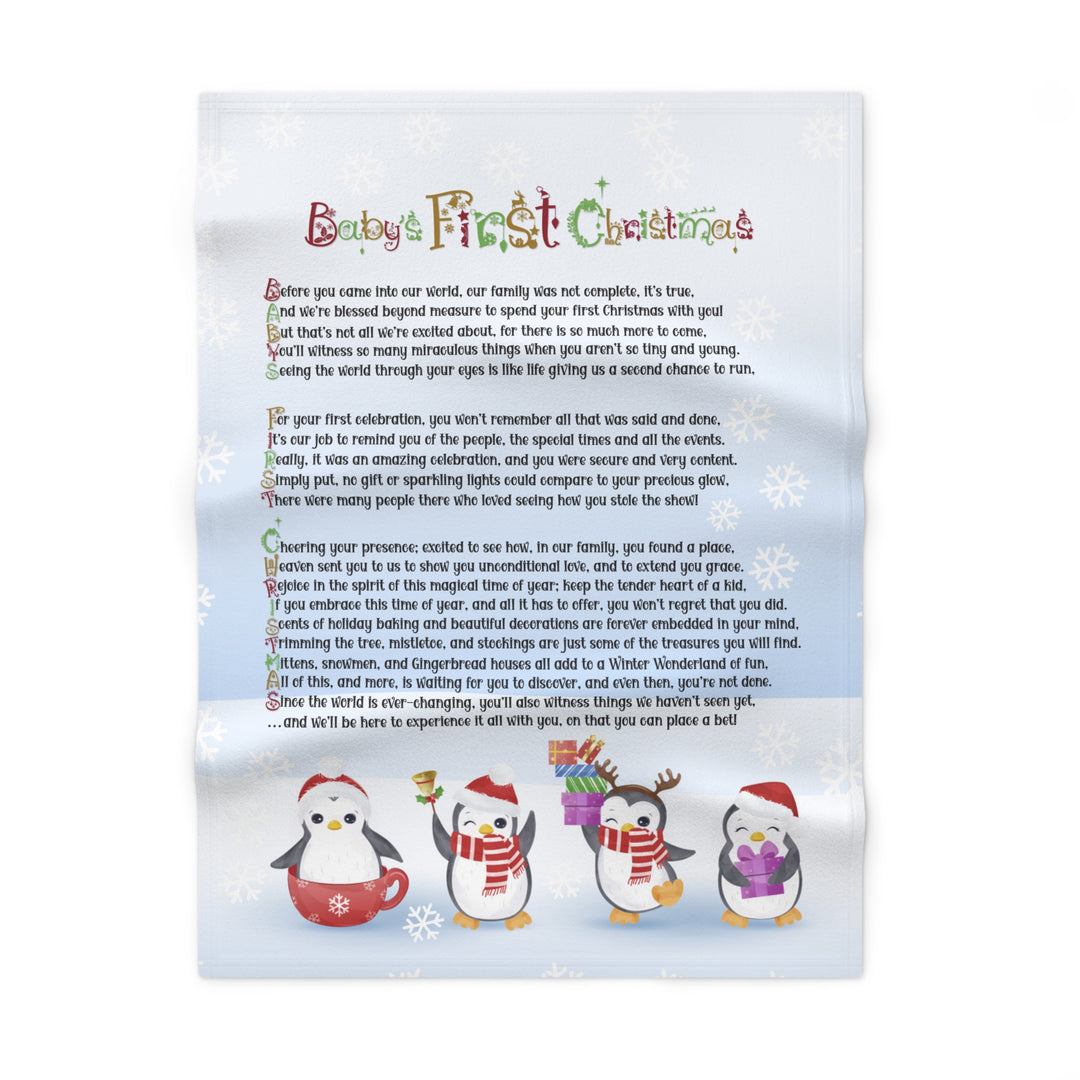 Baby's First Christmas Acrostic Poem Baby Blanket - Blue - Penguins