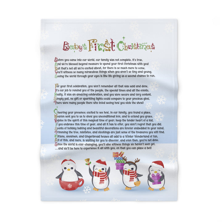 Baby's First Christmas Acrostic Poem Baby Blanket - Blue - Penguins