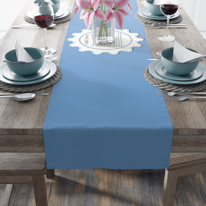 “A Baby is Born” Table Runner - Baby Items Font - Blue - No Personalization