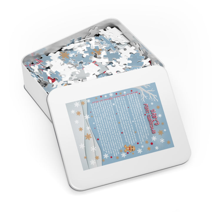 Baby's First Christmas Acrostic Poem Jigsaw Puzzle - Gingerbread - Blue - Tin Box