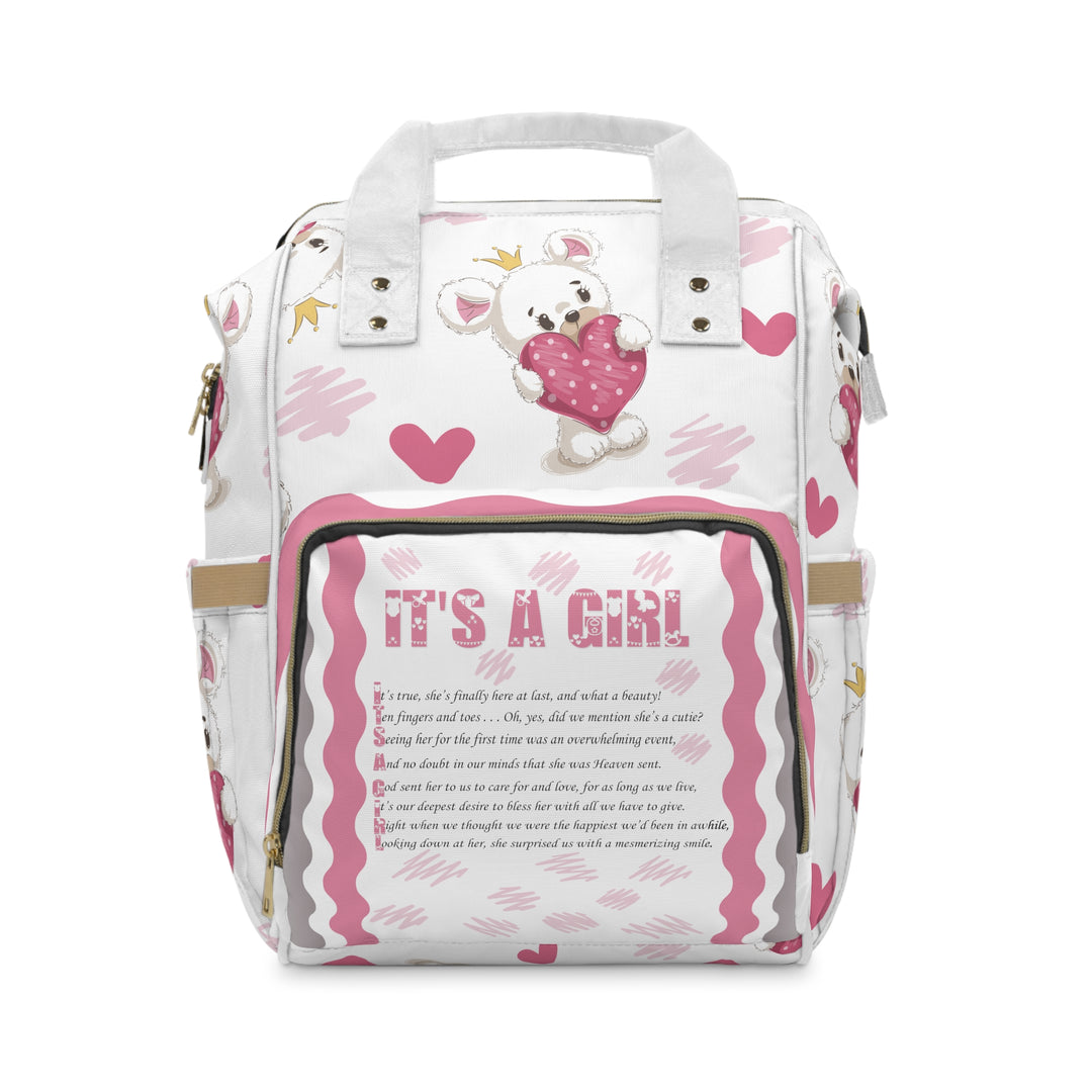 Baby Steps Multifunctional Diaper Backpack - "It's a Girl" - Teddy Bear and Hearts