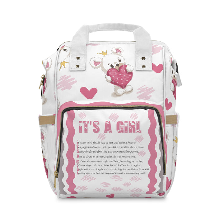 Baby Steps Multifunctional Diaper Backpack - "It's a Girl" - Teddy Bear and Hearts