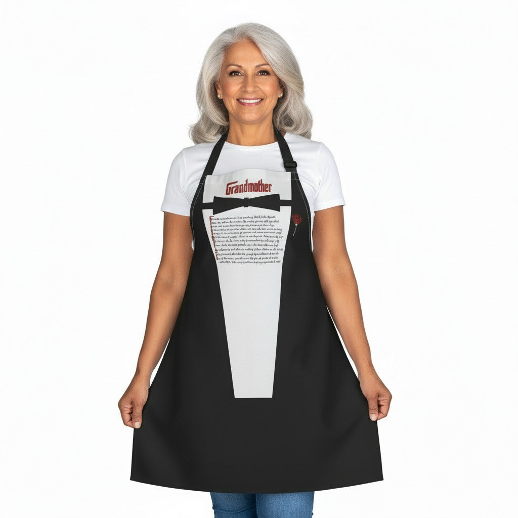 Woman wearing a black apron with text design on a white background