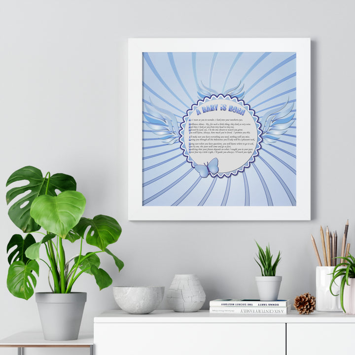 Baby Steps Acrostic Poem Framed Print "A Baby is Born "- Blue