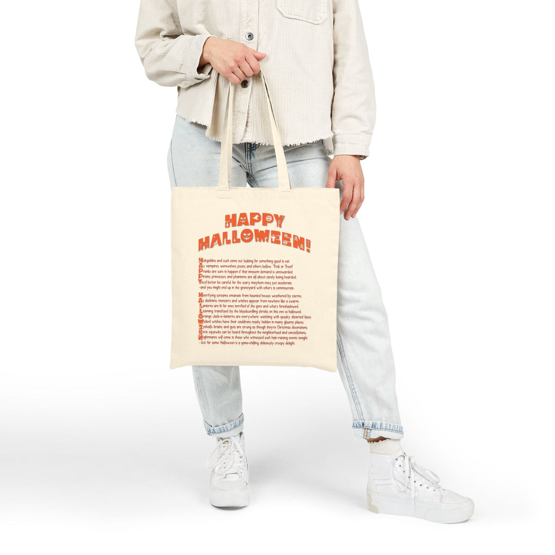 "Happy Halloween" Acrostic Poem Canvas Candy Tote Bag - Creepy Pumpkin - No Personalization