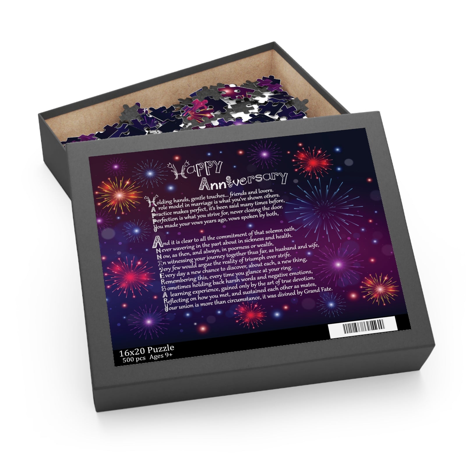 Jigsaw puzzle box with 'Happy Anniversary' message and fireworks design on a white background