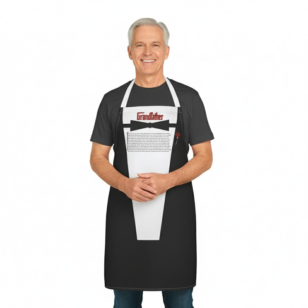 Man wearing a black apron with 'Grandfather' text on a white background