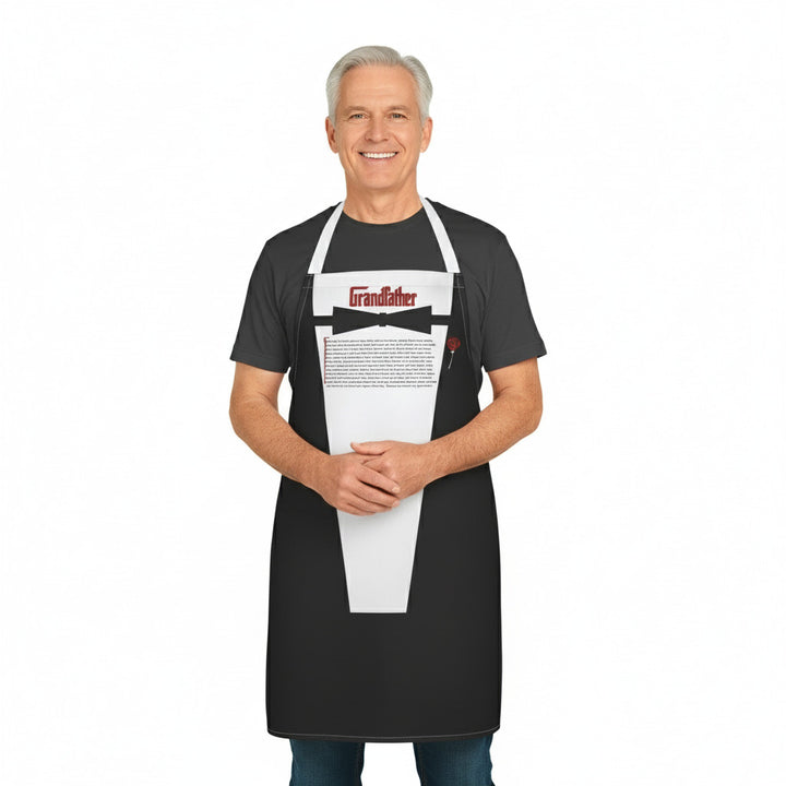 Man wearing a black apron with 'Grandfather' text on a white background