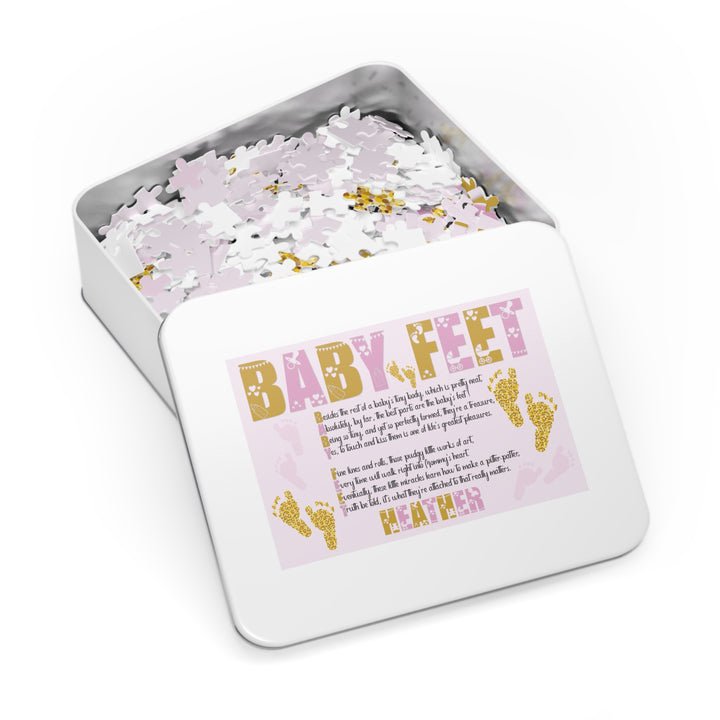 Baby Feet Acrostic Poem Puzzle - Pink and Gold - Tin Box - Personalized