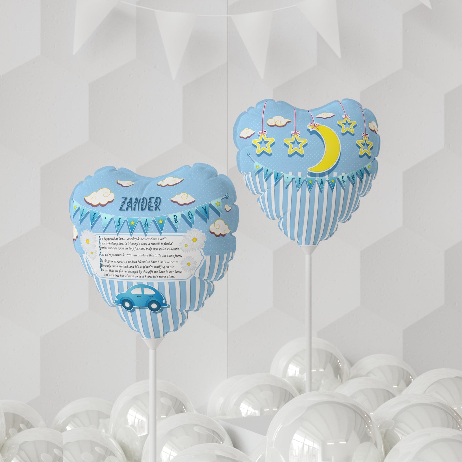 Two blue heart-shaped balloons with decorative elements on a white background