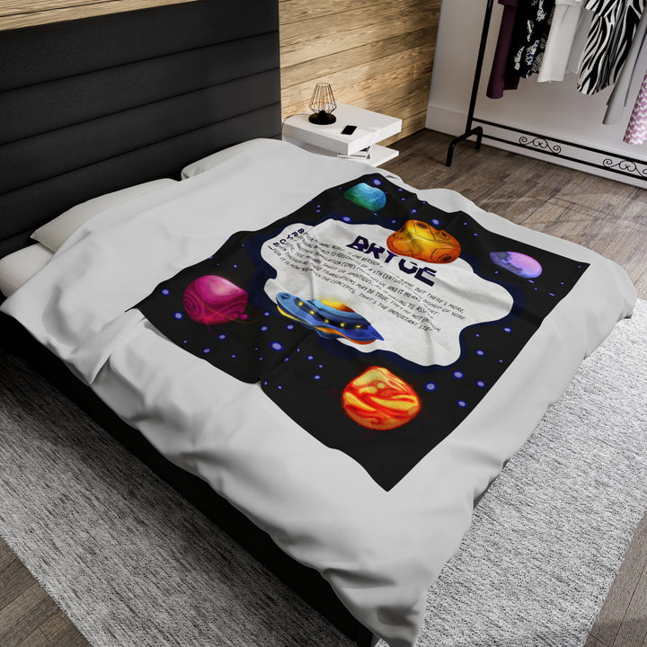 Namesakes Acrostic Poem on Black Velveteen Plush Blanket with Space Design