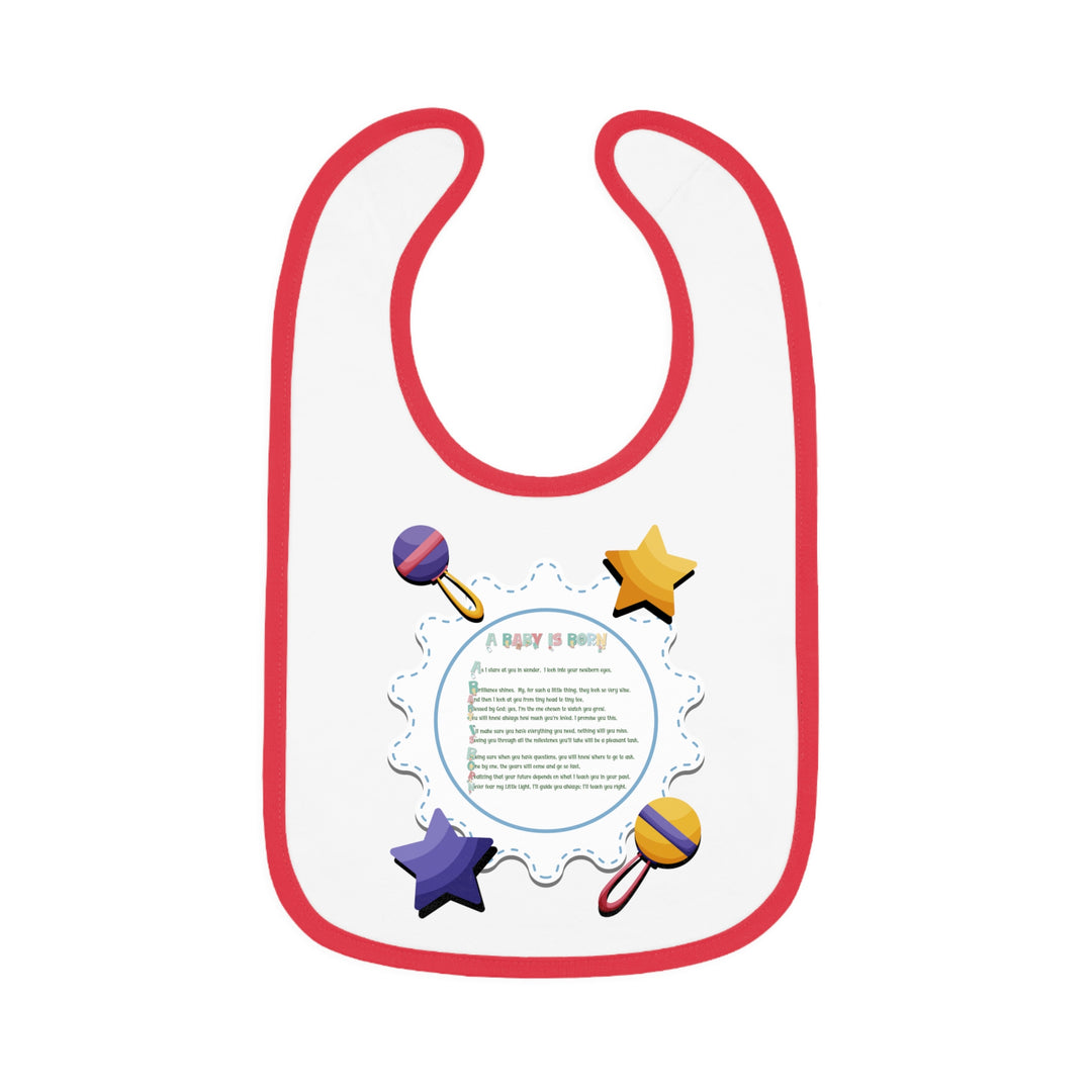 Baby Steps Acrostic Poem - Contrast Trim Jersey Bib - "A Baby is Born" - Rattles and Stars