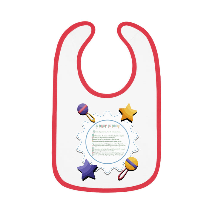 Baby Steps Acrostic Poem - Contrast Trim Jersey Bib - "A Baby is Born" - Rattles and Stars