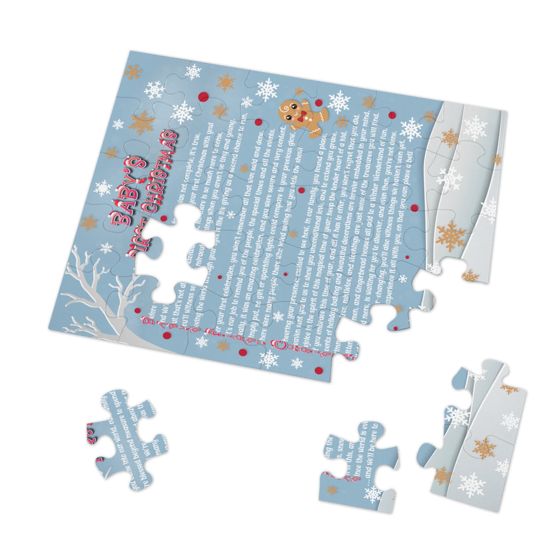 Baby's First Christmas Acrostic Poem Puzzle - Gingerbread - Blue - Tin Box