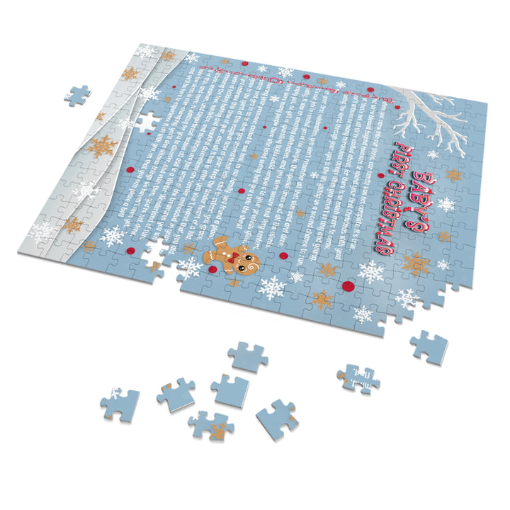 Baby's First Christmas Acrostic Poem Jigsaw Puzzle - Gingerbread - Blue - Tin Box