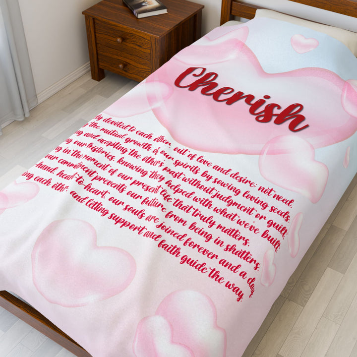 Cherish Acrostic Poem Velveteen Plush Blanket - Hearts-Clouds