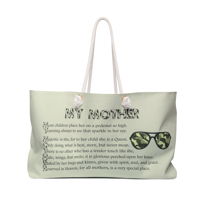 Camo Text Weekender Tote Bag with Acrostic Poem Spelling Out "My Mother"