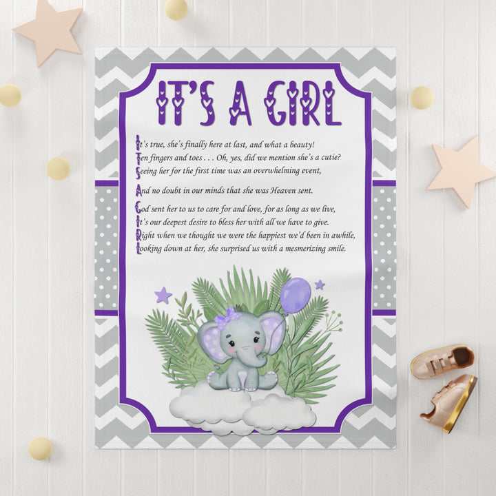 It's a Girl Acrostic Poem Baby Blanket - Purple Elephant - No Personalization