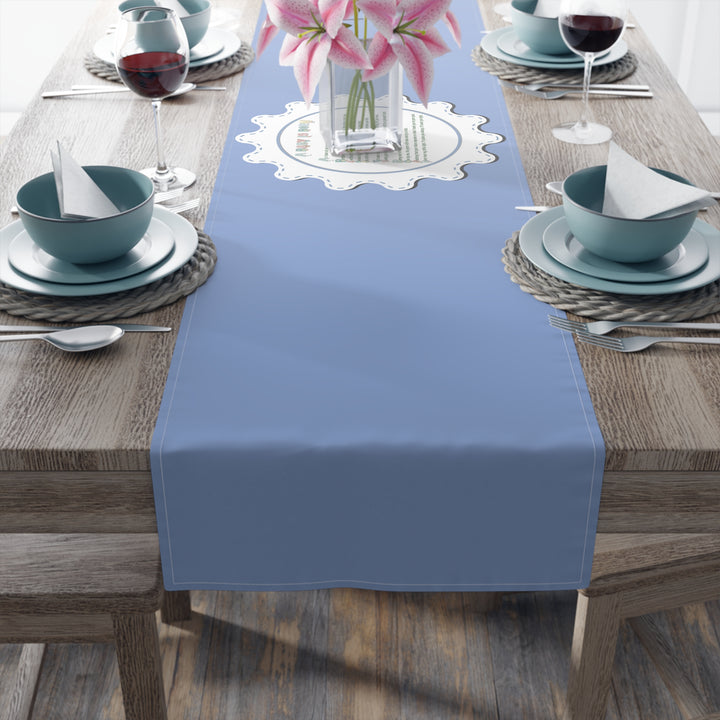 “A Baby is Born” Table Runner - Baby Items Font - Blue - No Personalization