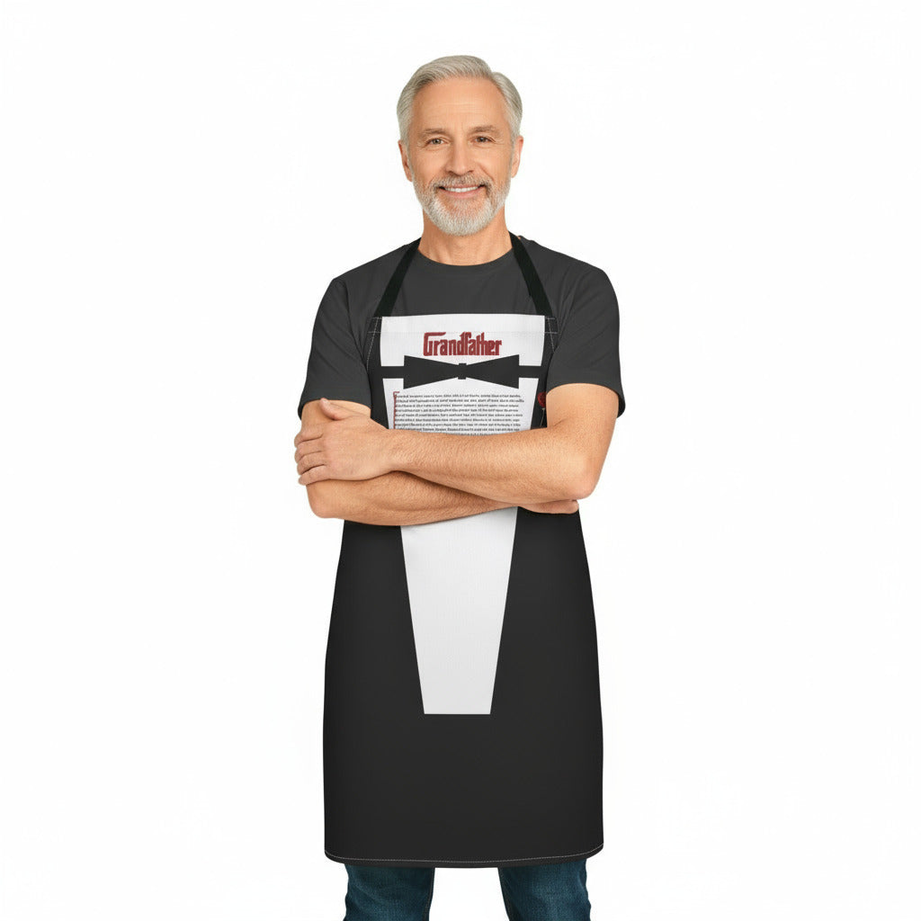 Man wearing a black apron with 'Grandfather' text design on a white background