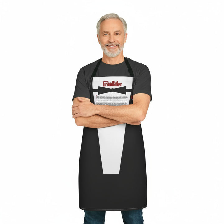Man wearing a black apron with 'Grandfather' text design on a white background
