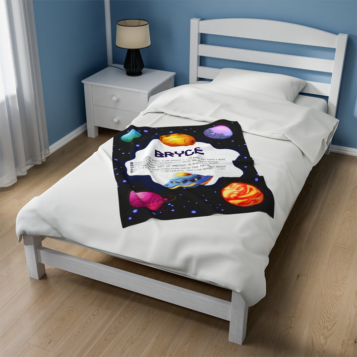 Namesakes Acrostic Poem on Black Velveteen Plush Blanket with Space Design