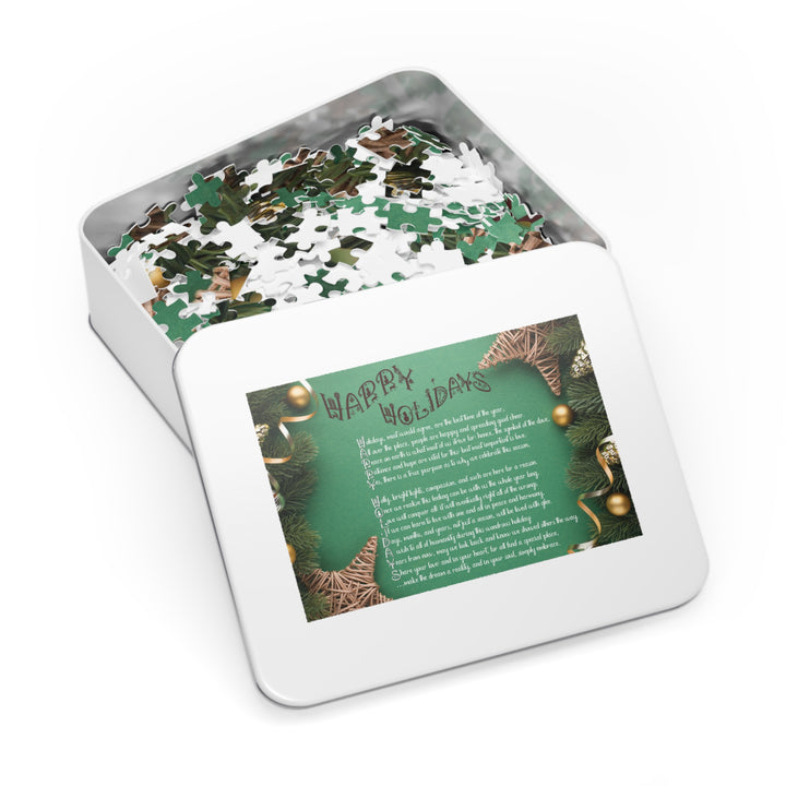 Happy Holidays Acrostic Poem Puzzle - Green Boho - Tin Box