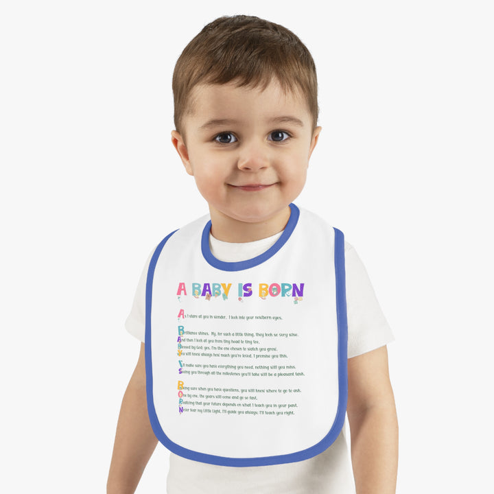 "A Baby is Born" "Baby Feet" Acrostic Poem  Contrast Trim Jersey Bib - Baby Items Font