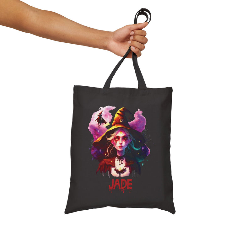 "Happy Halloween" Acrostic Poem Canvas Candy Tote Bag - Creepy Witch - Personalized