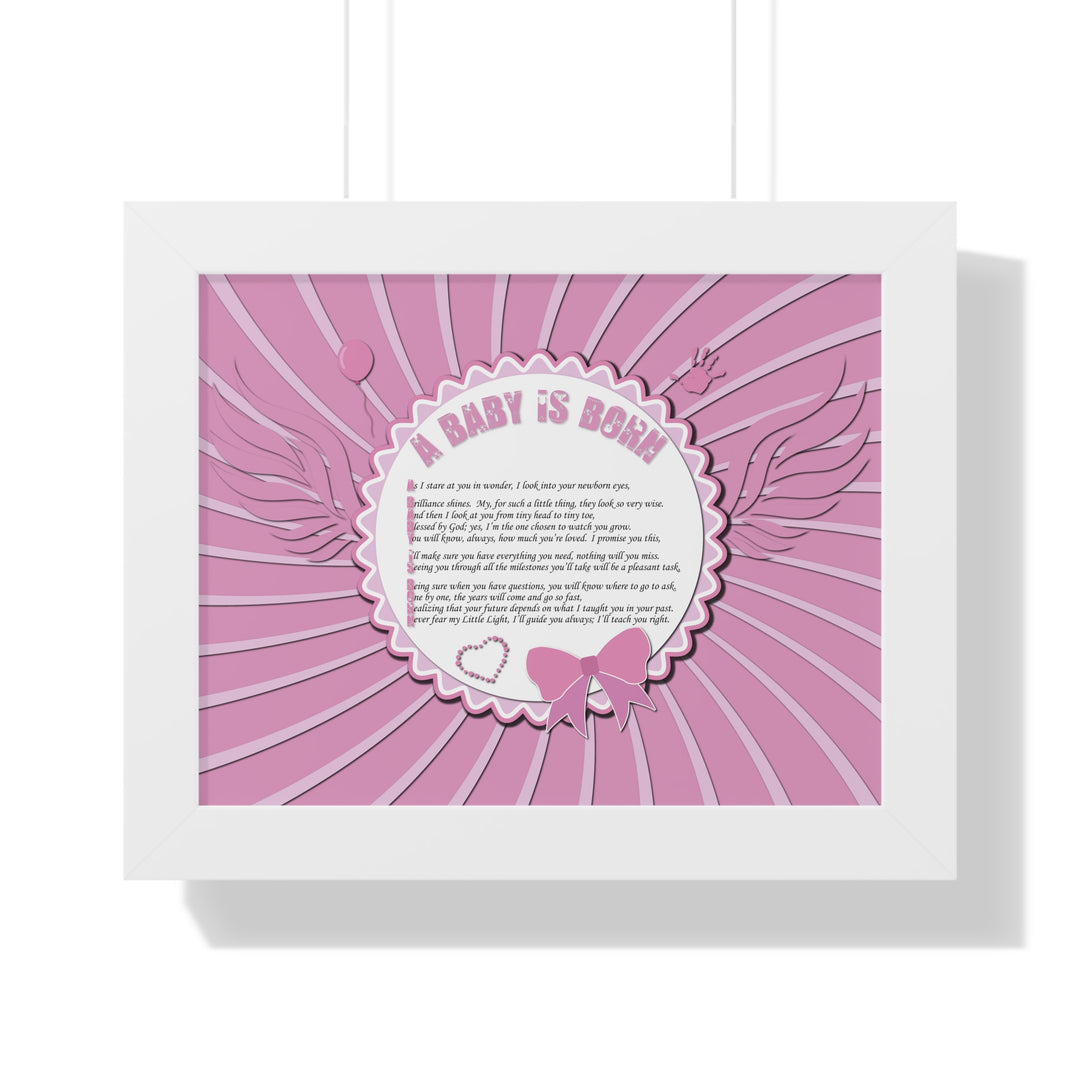 Baby Steps Acrostic Poem Framed Print "A Baby is Born" - Pink