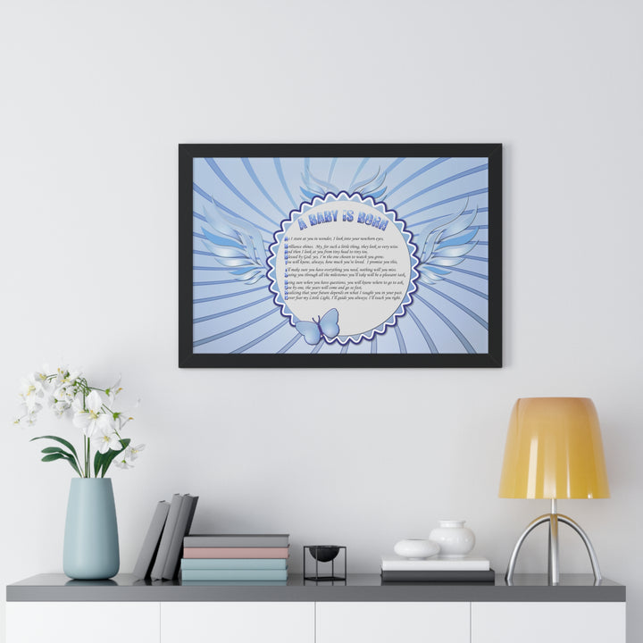 Baby Steps Acrostic Poem Framed Print "A Baby is Born "- Blue