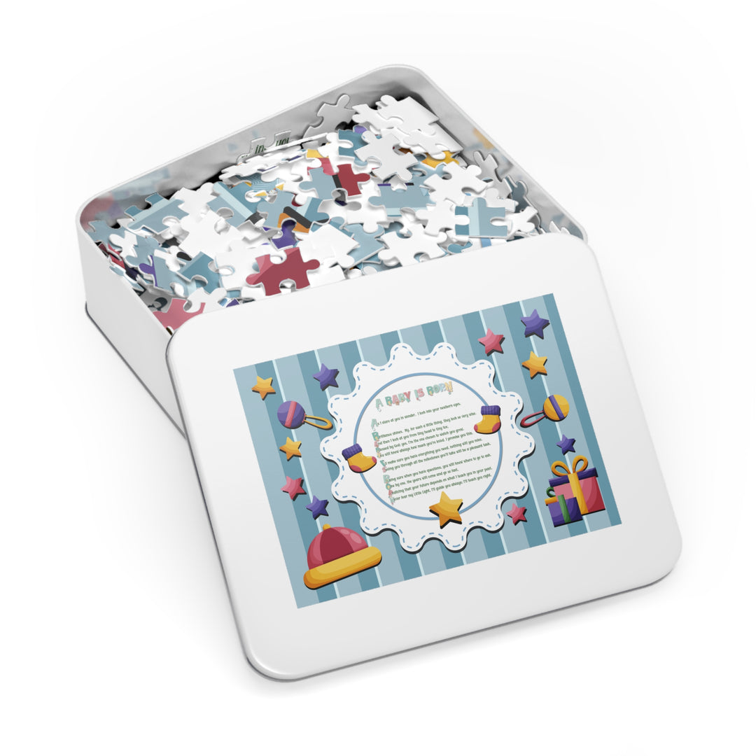 A Baby is Born Acrostic Poem Jigsaw Puzzle - Stars - Tin Box