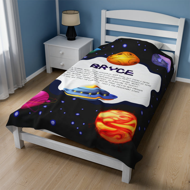Namesakes Acrostic Poem on Black Velveteen Plush Blanket with Space Design
