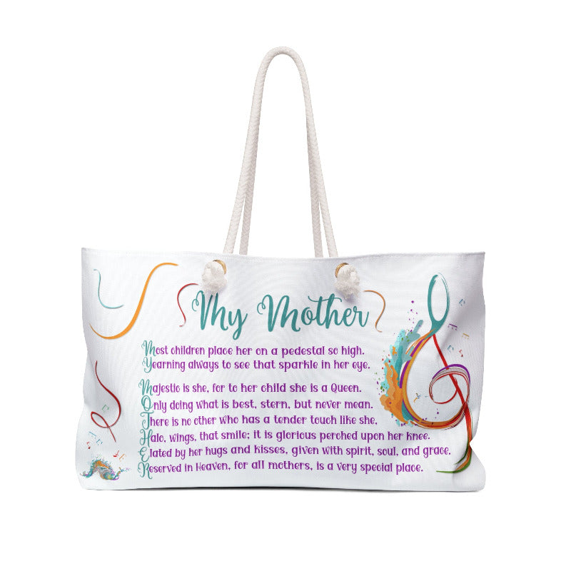 Tote bag with colorful acrostic poem spelling out My Mother and design on a white background