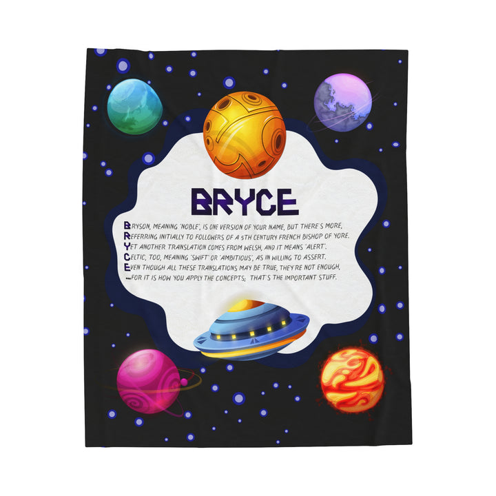 Namesakes Acrostic Poem on Black Velveteen Plush Blanket with Space Design