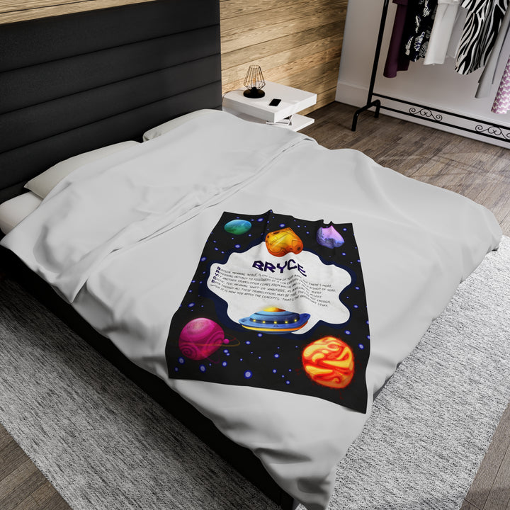 Namesakes Acrostic Poem on Black Velveteen Plush Blanket with Space Design