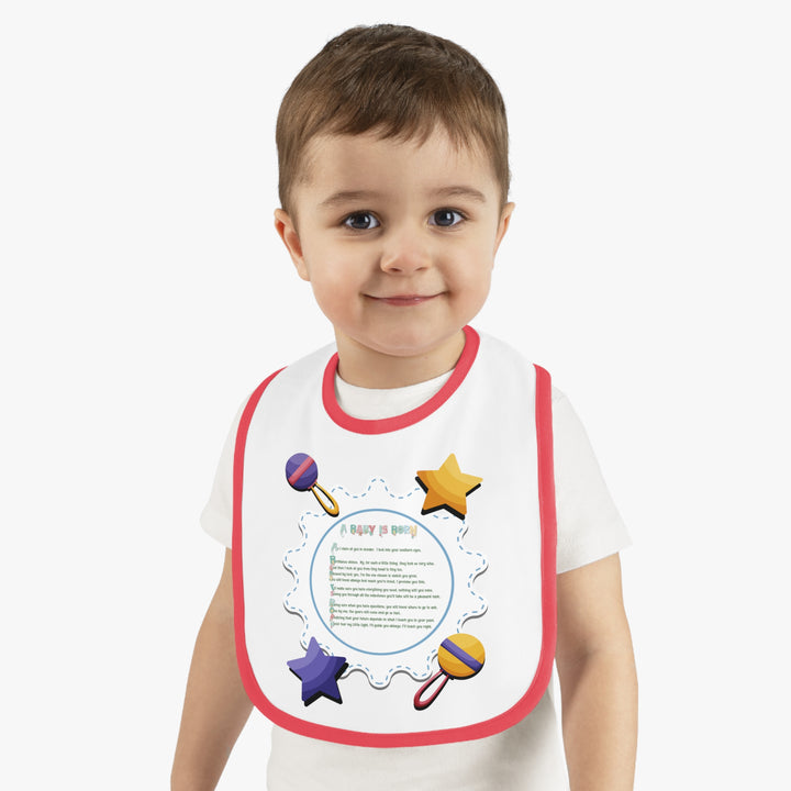 Baby Steps Acrostic Poem - Contrast Trim Jersey Bib - "A Baby is Born" - Rattles and Stars