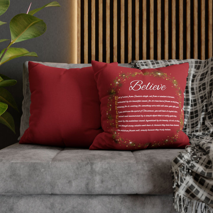 "Believe" Acrostic Poem Pillow Cover from "Learn, Lead, Believe" Collection Red